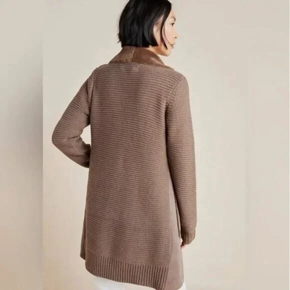 Anthropologie Brown Piper Open Front Faux Fur Trim Ribbed Sweater Coat - Size XS - Picture 4 of 11